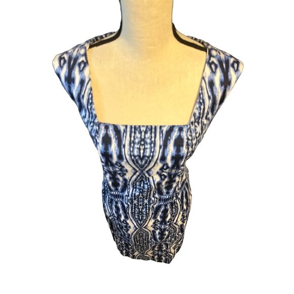 Anne Klein Dress Navy Sheath Cotton Stretch Square Neck Blue Abstract Print 12 - Picture 2 of 6